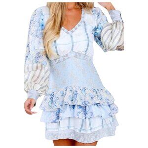 LoveShackFancy Silk Mini Dress Blue Patchwork Floral Size 10